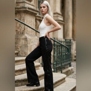 Banana Republic Black Martin Flare Leg Mid Rise SZ 6 Pant W/Side Sequin Stripe